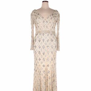 Mac Duggal Champagne Sequin Long Sleeve Evening Gown